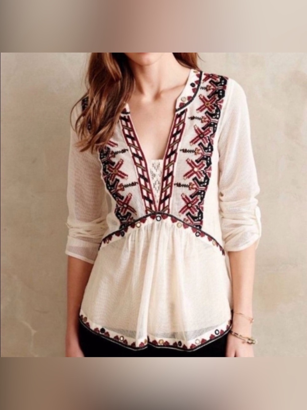 Anthropologie Akemi + Kin Embroidered Ivory Peasant Blouse, Size S